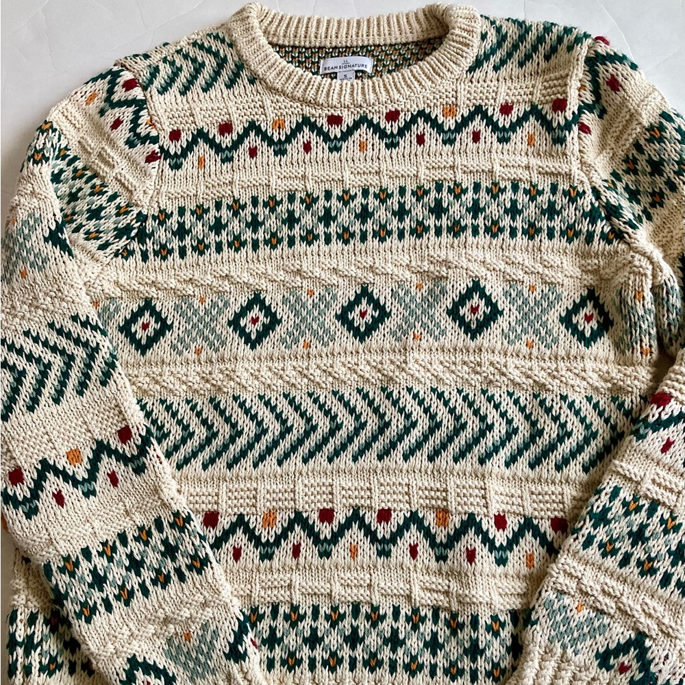 L.L. Bean Cream, Green & Red Patterned Crewneck Sweater